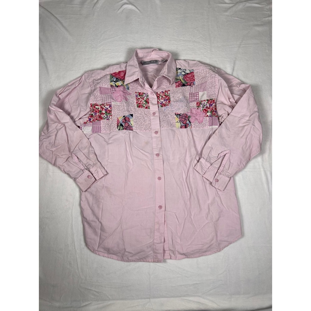 VTG Wm LG Pink Patchwork Quilt Floral Butterfly Button Down Shirt Grannycore